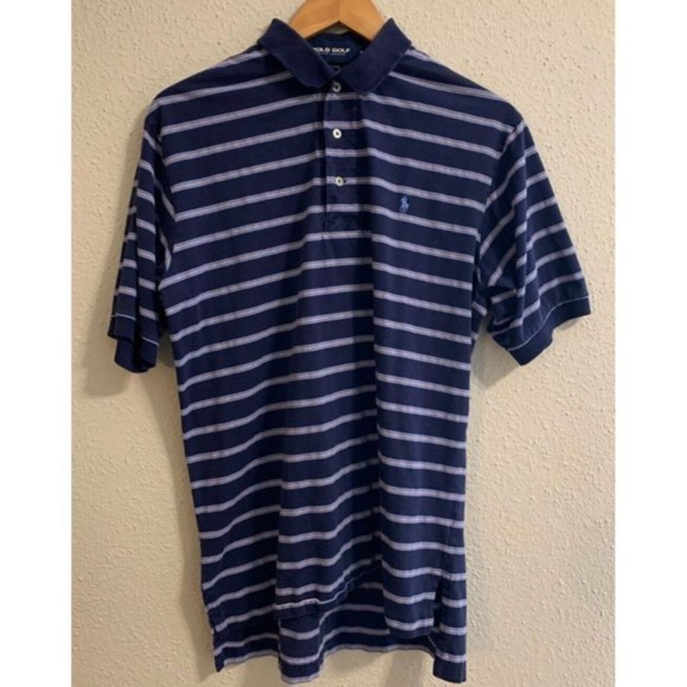 Ralph Lauren Golf Polo Shirt Mens Size Medium Navy Blue‎ Striped Short Sleeve